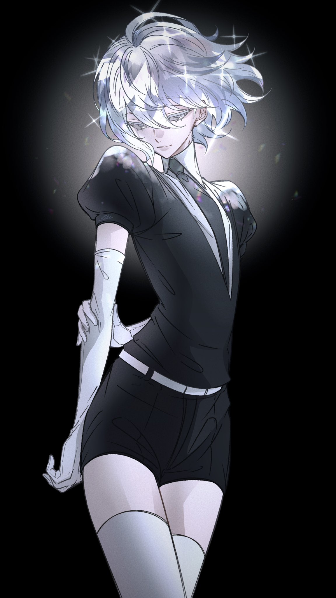 1other, arms_behind_back, belt, black_background, black_necktie, black_shorts, black_sweater, colored_eyelashes
