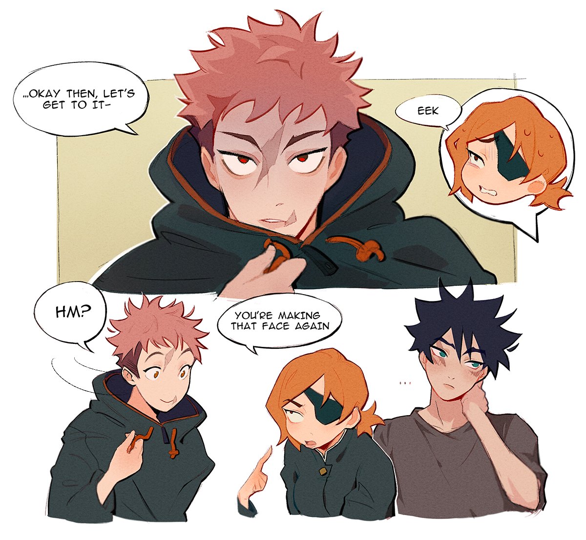 1girl, 2boys, black_hair, blue_eyes, brown_eyes, brown_hair, closed_mouth, eyepatch, fushiguro_megumi, itadori_yuji, jujutsu_kaisen, jujutsu_tech_uniform, kugisaki_nobara, multiple_boys, netlen3, open_mouth, pink_hair, red_eyes, shirt, short_hair, speech_bubble, upper_body