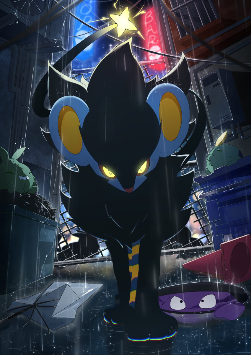 alley, art_eichi, black_fur, blue_fur, closed_mouth, colored_sclera, commentary_request, dark_alleyway