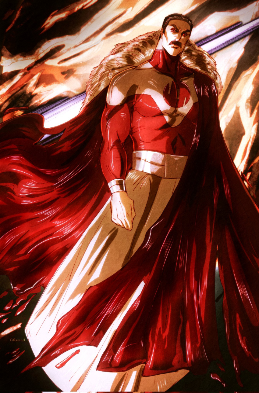 1boy, black_hair, brown_eyes, cape, closed_mouth, facial_hair, gramnel, highres, invincible_(series), muscular, muscular_male, mustache, red_cape, short_hair, thragg_(invincible), viltrumite, viltrumite_clothes
