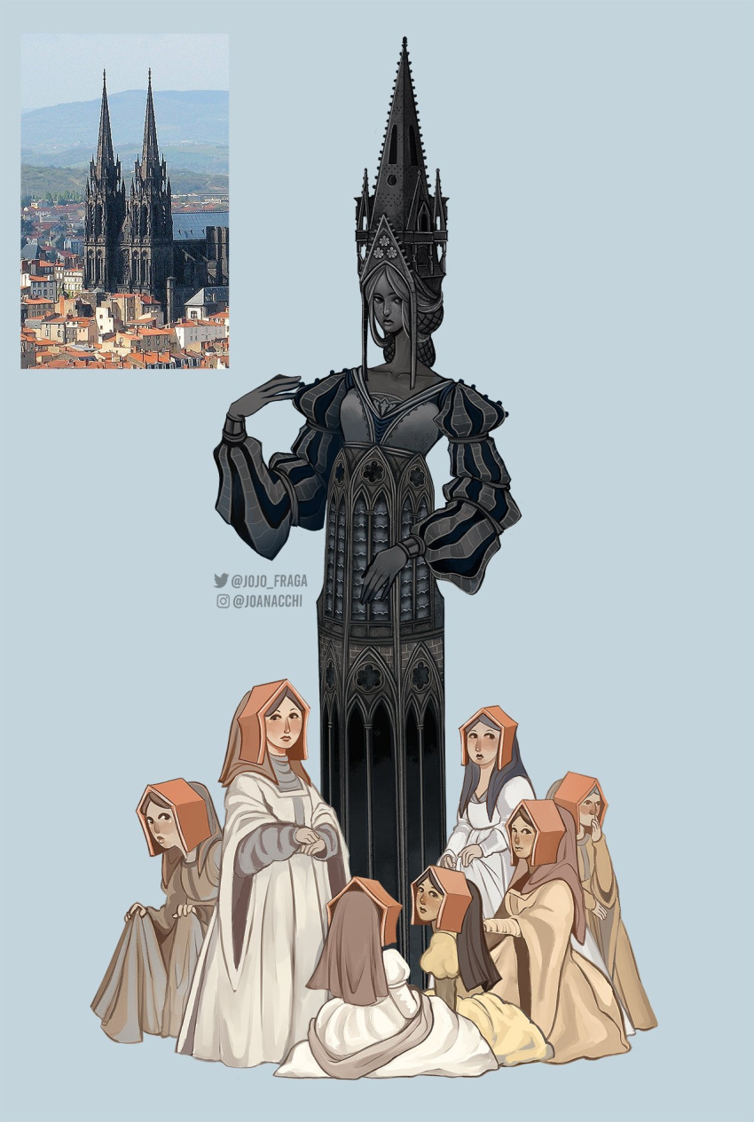 6+girls, artist_name, breasts, building, cathedral, church, clermont-ferrand_cathedral, closed_mouth, collarbone, commentary, dark-skinned_female, dark_skin, dress, english_commentary, freckles, grey_background, grey_hair, highres, instagram_username, jojo_fraga, long_hair, long_sleeves, looking_at_viewer, multiple_girls, original, personification, puffy_long_sleeves, puffy_sleeves, simple_background, small_breasts, twitter_username, white_dress, yellow_dress