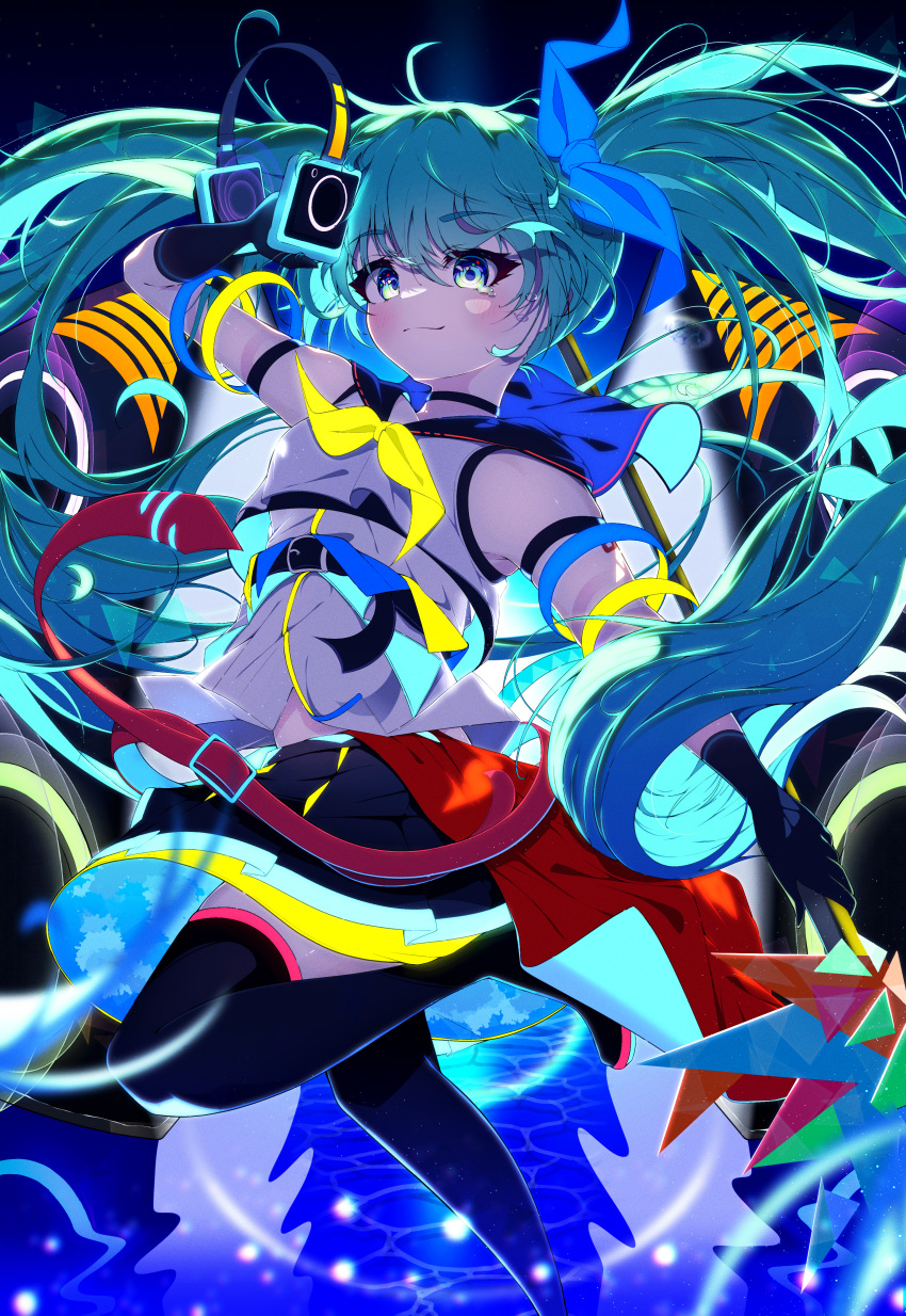 1girl, absurdres, aqua_eyes, aqua_hair, black_sailor_collar, black_skirt, black_thighhighs, blush