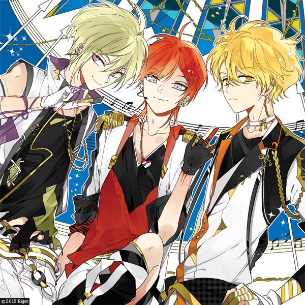 3boys, a_(dear_vocalist), ahoge, bare_shoulders, black_gloves, black_shirt, blonde_hair, choker