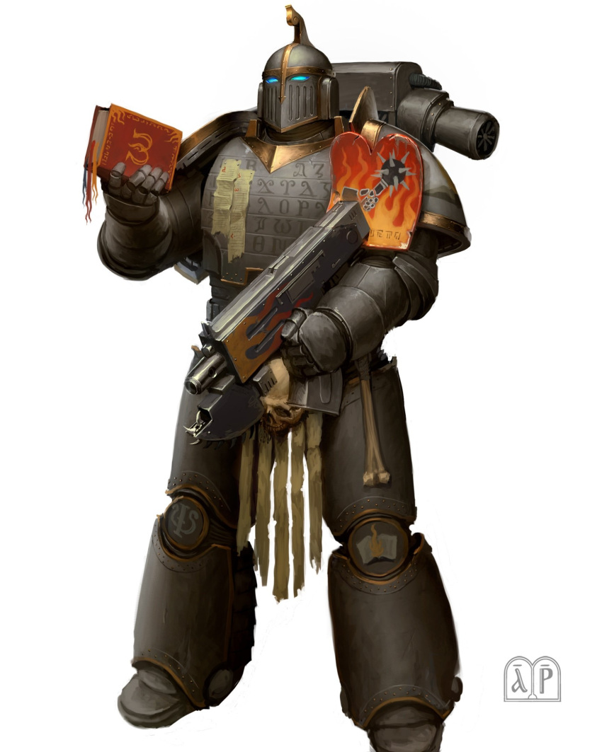 1boy, adeptus_astartes, armor, armor_writing, armored_boots, artist_logo, bayonet, bone_ornament