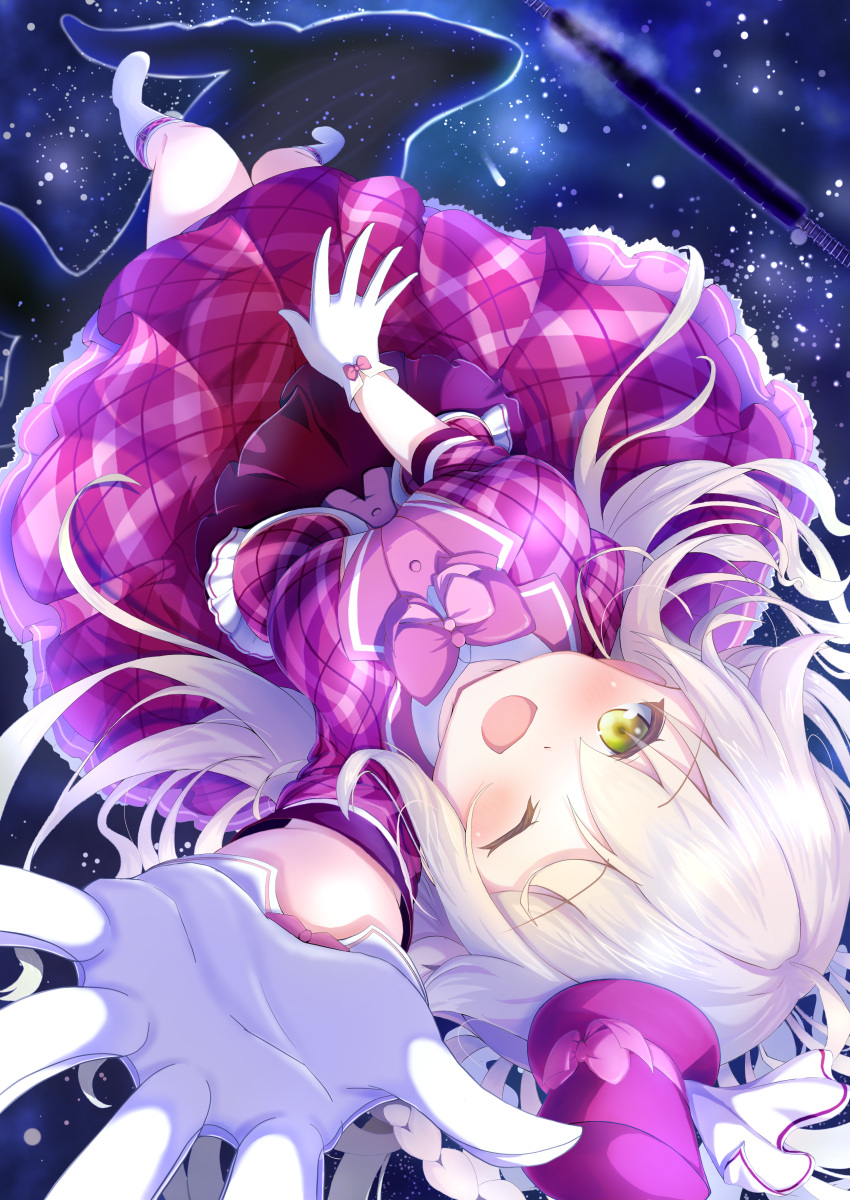 1girl, ;d, absurdres, ahoge, arm_up, blush, bow, bowtie