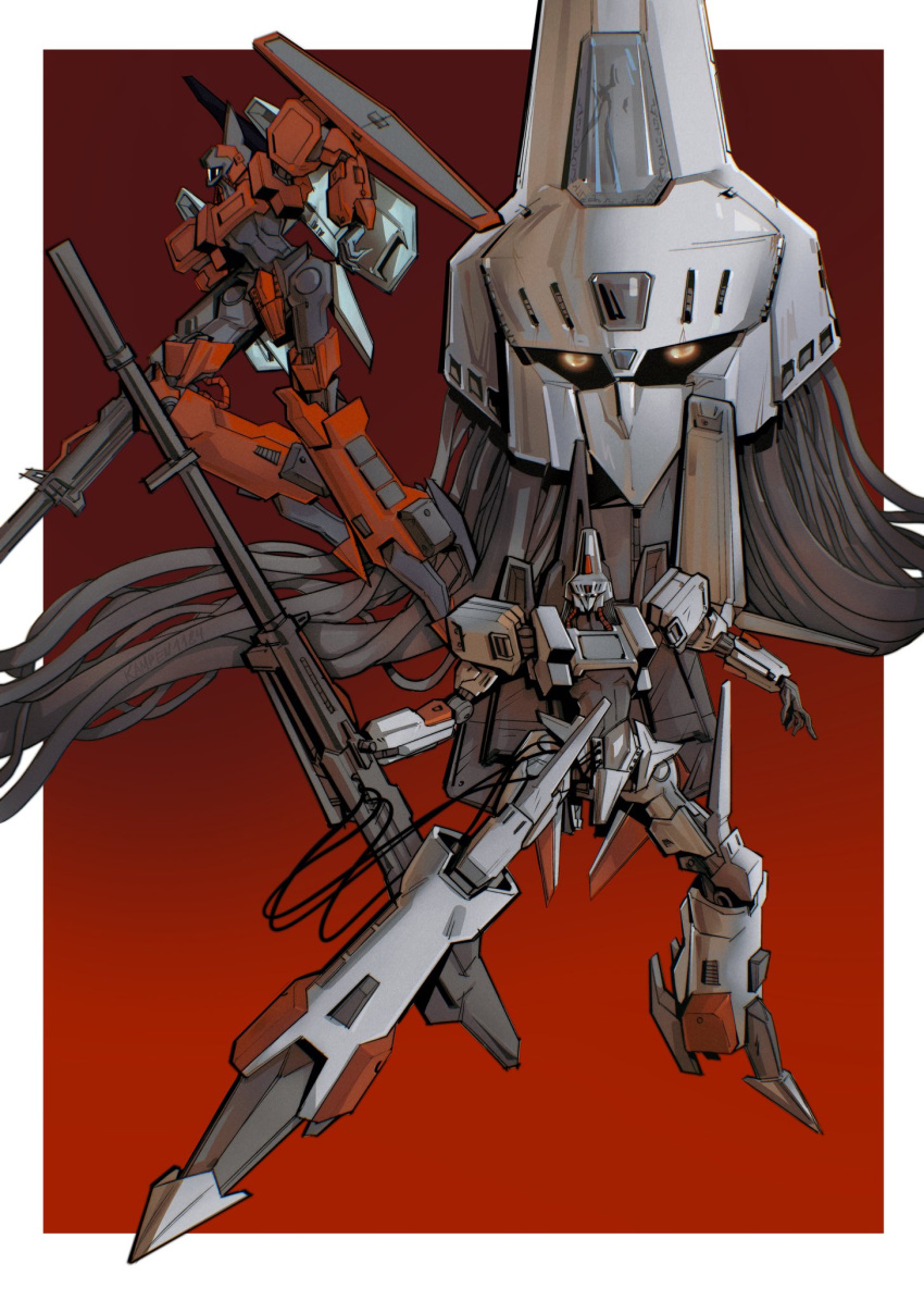 beam_rifle, border, cable, commentary, energy_gun, full_body, glowing, glowing_eyes