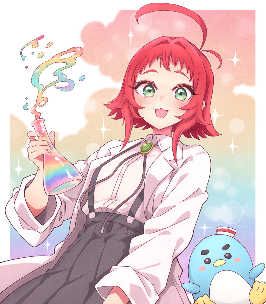 1girl, :3, :d, absurdres, antenna_hair, black_skirt, blush, bolo_tie