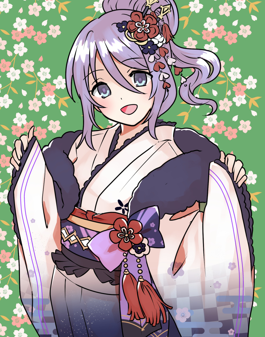 1girl, :d, blue_eyes, blush, bow, commentary_request, cowboy_shot, floral_background