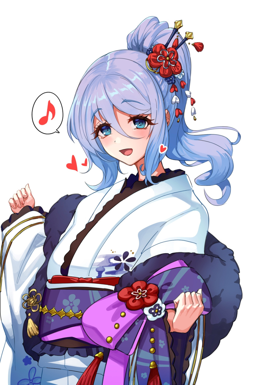 1girl, :d, blue_eyes, blue_hair, blush, flower, hair_between_eyes, hair_flower