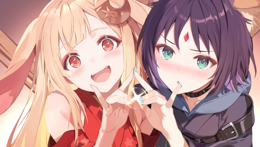 2girls, animal_ears, black_choker, blonde_hair, blue_hoodie, blue_kimono, blue_nails, brown_eyes
