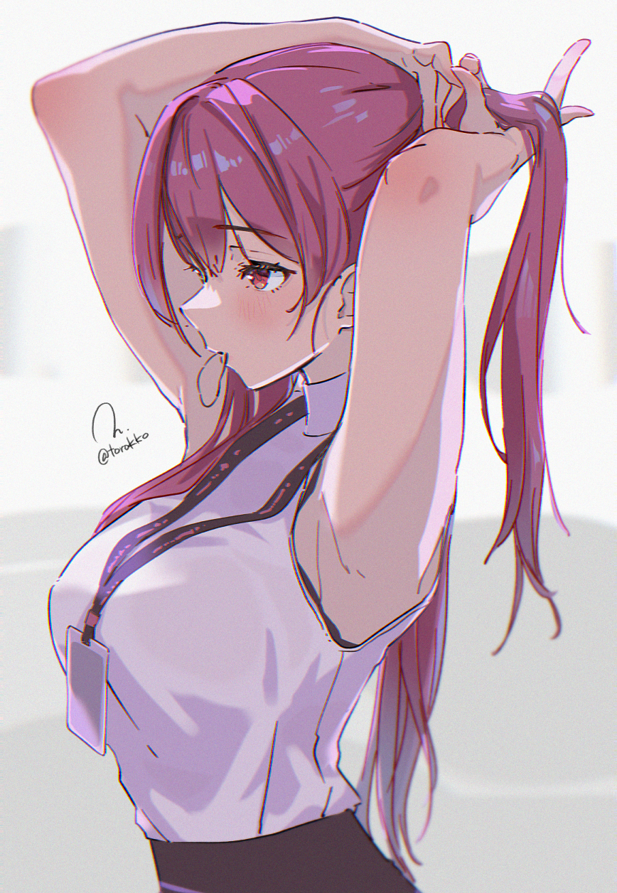 1girl, armpits, arms_behind_head, arms_up, bare_arms, black_skirt, breasts, commentary_request
