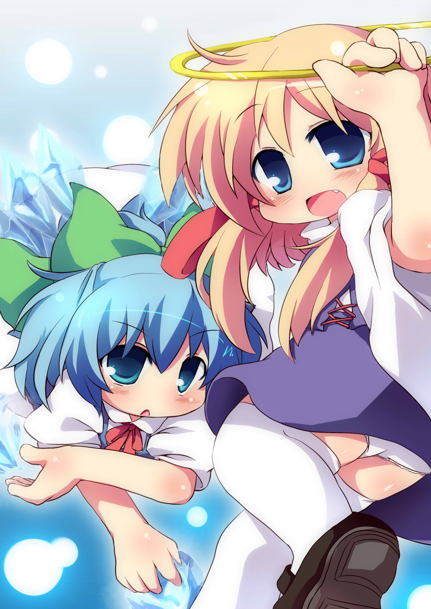 absurdres, blonde_hair, blue_eyes, blue_hair, blush, bow, child, cirno