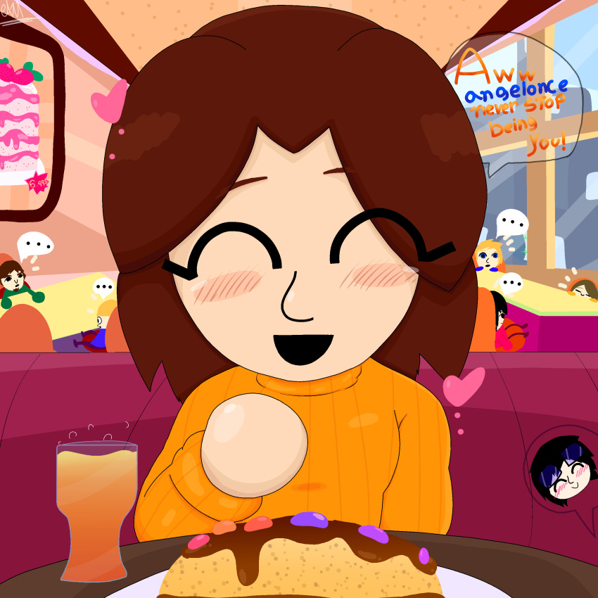 1boy, 1girl, absurdres, angelonce, artist_self-insert, bakery, blush, brown_hair