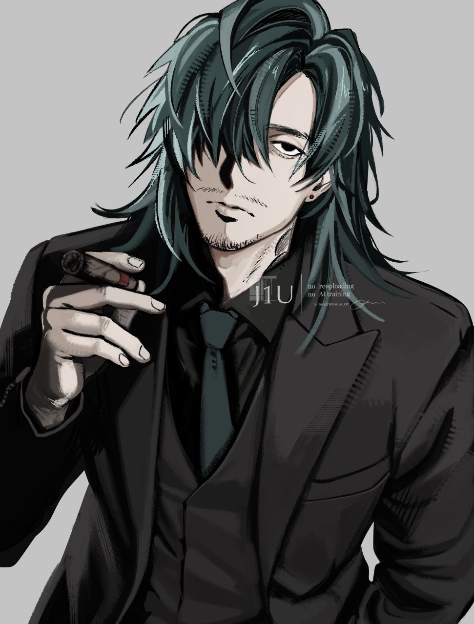 1boy, black_eyes, black_jacket, black_shirt, black_vest, cigar, collared_shirt, commentary_request