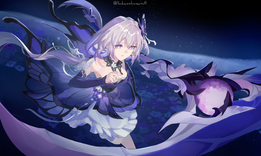 1girl, bare_shoulders, breasts, bug, butterfly, castorice_(gossamer_flutter)_(honkai:_star_rail), castorice_(honkai:_star_rail), commentary_request, detached_collar, detached_sleeves, dress, hair_between_eyes, hair_ornament, hand_up, highres, honkai:_star_rail, honkai_(series), large_breasts, long_hair, low_twintails, official_alternate_costume, parted_lips, pointy_ears, purple_dress, purple_hair, smile, solo, twintails, upper_body, very_long_hair, violet_eyes, youkainekomata0