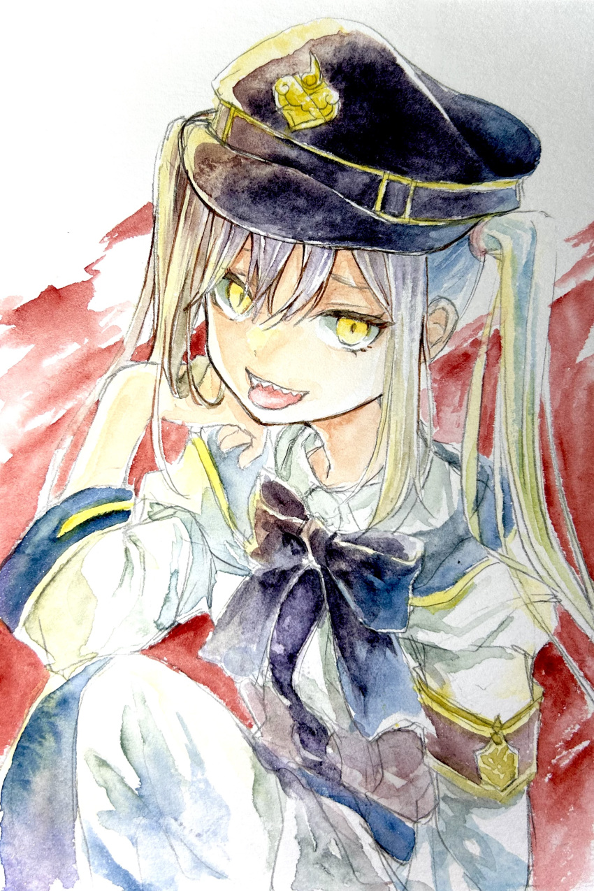 1girl, absurdres, armband, black_bow, black_bowtie, black_hat, blonde_hair, blue_bow