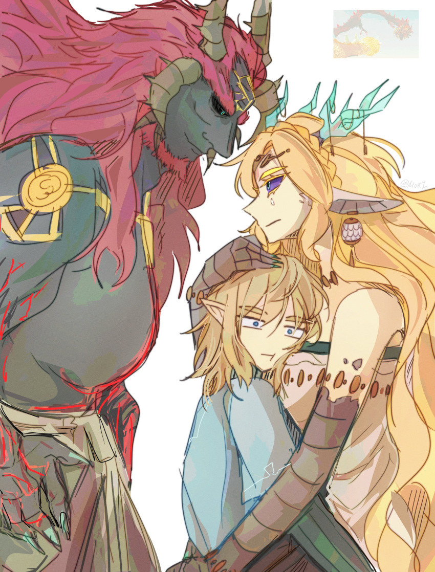 1girl, 2boys, :t, absurdres, claws, colored_sclera, colored_skin, dark-skinned_male