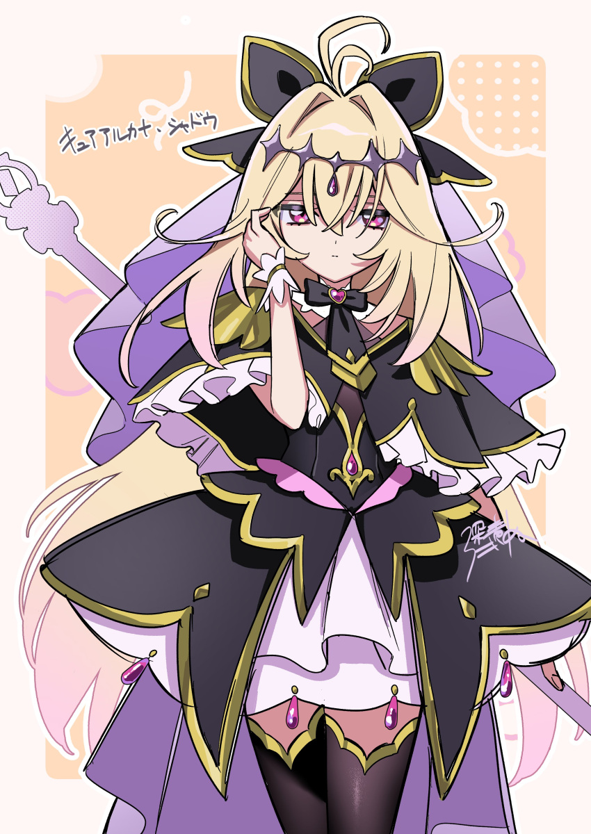 1girl, absurdres, adjusting_hair, antenna_hair, black_capelet, black_thighhighs, blonde_hair, brooch