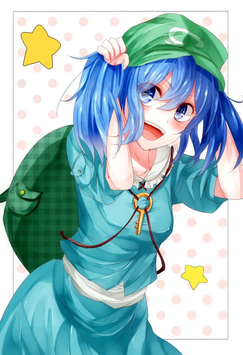 backpack, bag, blue_eyes, blue_hair, blush, hair_grab, hat, kawashiro_nitori