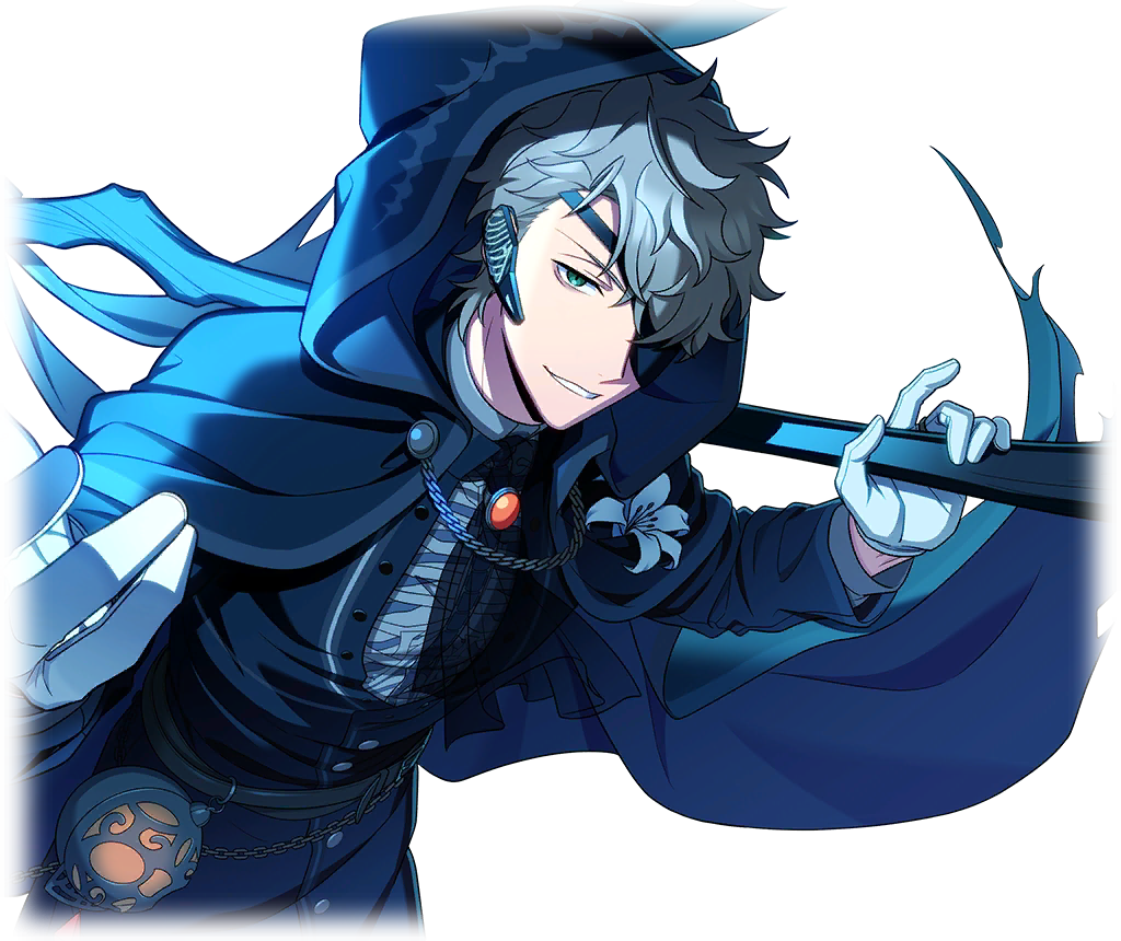 1boy, blue_jacket, cape, cloak, eyepatch, flower, game_cg, gloves