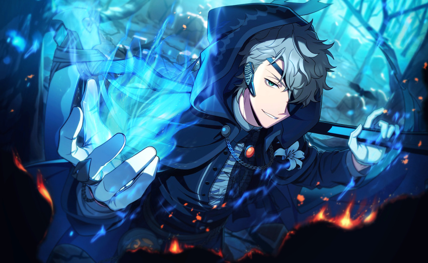 1boy, blue_fire, cape, eyepatch, fire, game_cg, gloves, green_eyes