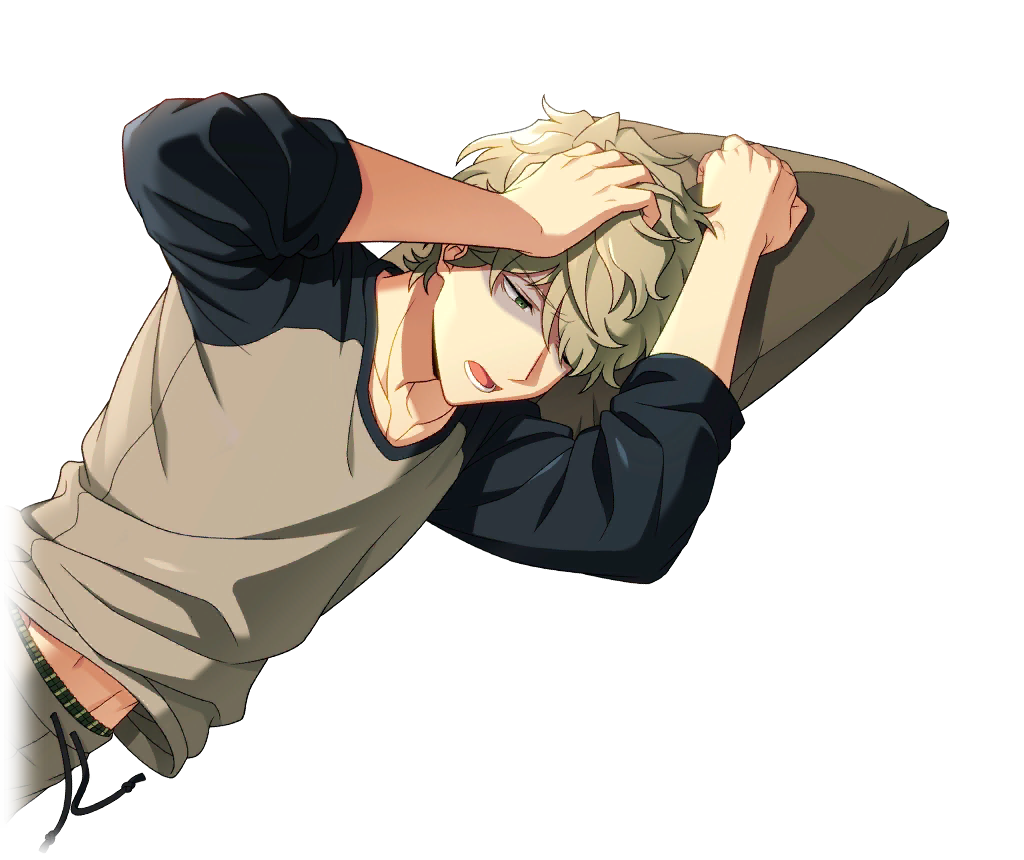 1boy, collarbone, game_cg, green_eyes, green_hair, grey_pants, hair_over_one_eye, happy_elements