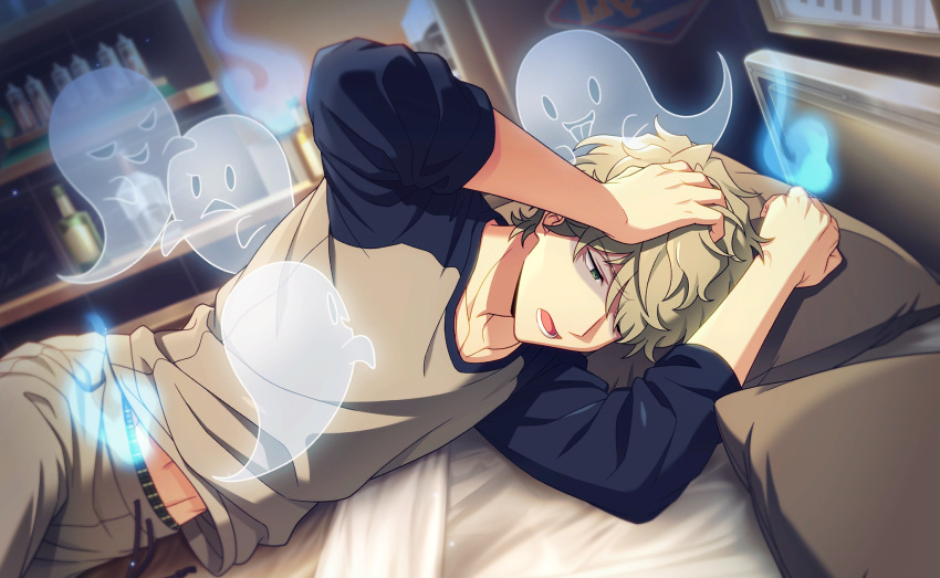 1boy, bed, bottle, brown_pants, collarbone, game_cg, ghost, green_eyes