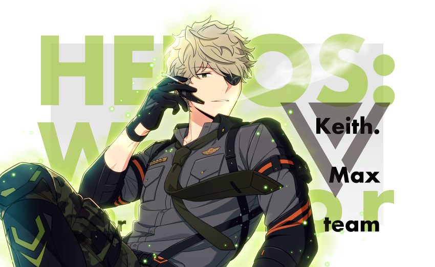 1boy, black_gloves, black_necktie, camouflage, camouflage_pants, cigarette, closed_mouth, collared_shirt