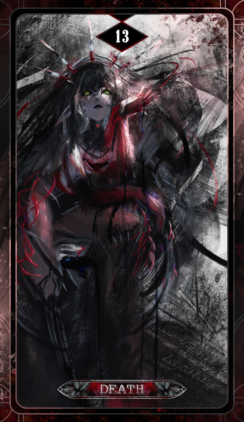 1girl, absurdres, black_hair, black_lips, blood, constricted_pupils, death_(tarot), english_text
