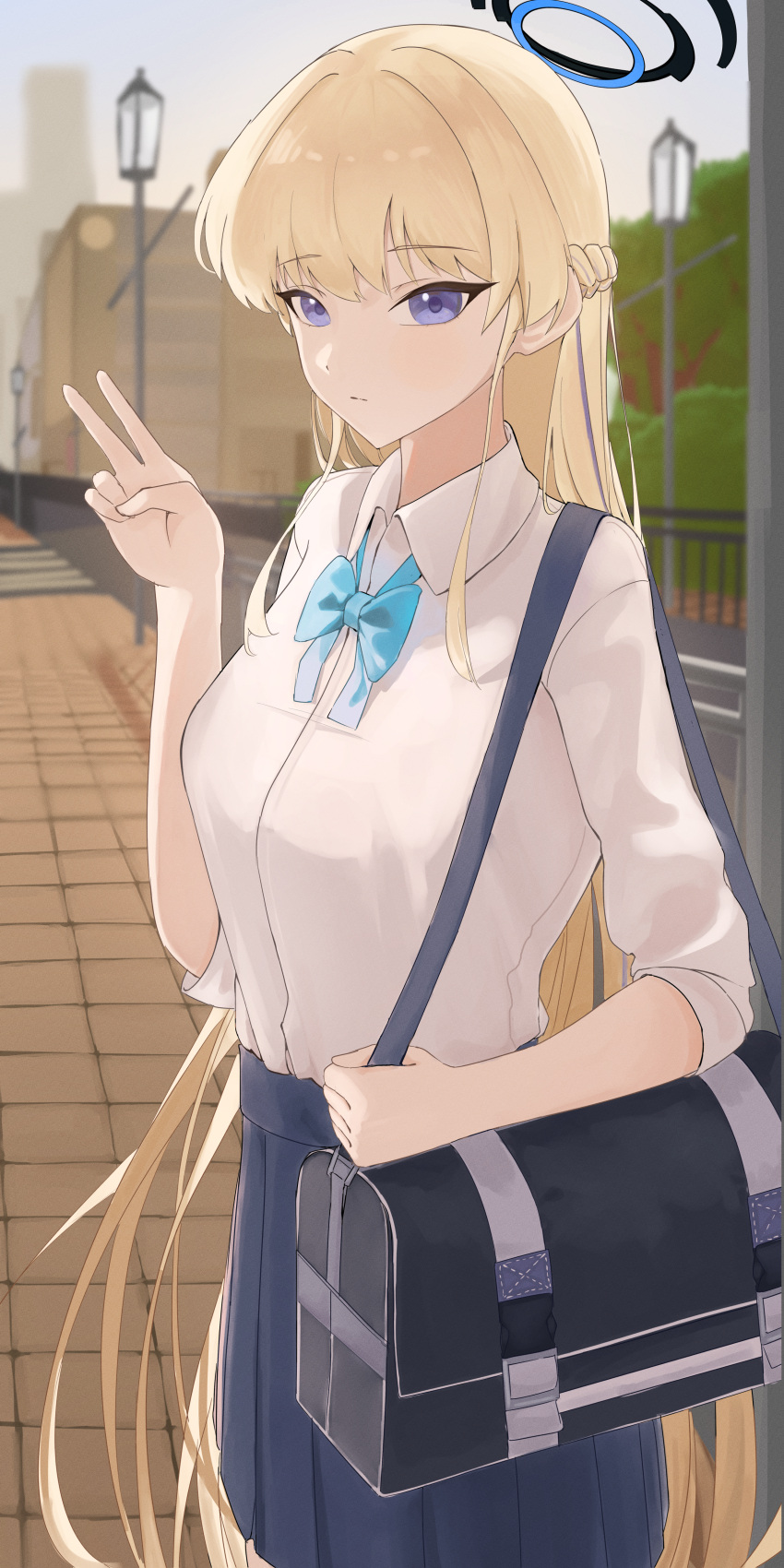 1girl, absurdres, aqua_bow, aqua_bowtie, bag, blonde_hair, blue_archive, blue_bow