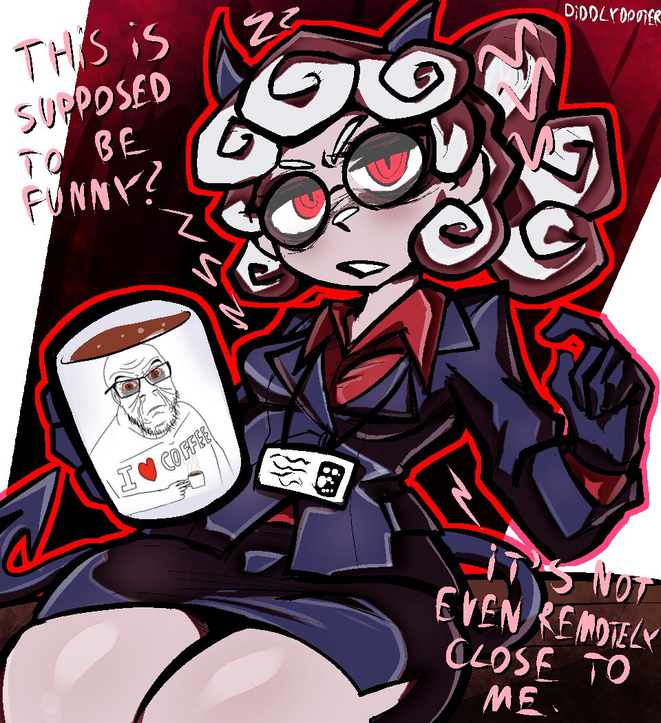 can't_be_this_cute, coffe, coffee, coffee_mug, cup, demon_girl, demon_tail, diddlydooter, helltaker, horns, mug, office_lady, pandemonica_(helltaker), pencil, red_eyes, tail, white_hair, white_horns, wojak