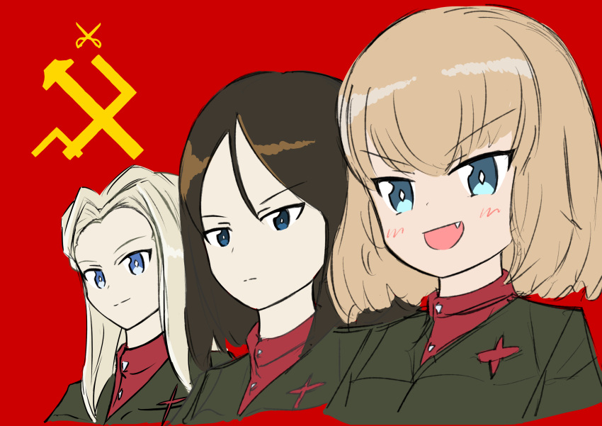 3girls, absurdres, blonde_hair, blue_eyes, blush, brown_hair, clara_(girls_und_panzer), closed_mouth, commentary_request, emblem, fang, flag, girls_und_panzer, green_jacket, happy, highres, jacket, katyusha_(girls_und_panzer), kouchi_777, long_hair, long_sleeves, looking_at_viewer, multiple_girls, nonna_(girls_und_panzer), open_mouth, pravda_(emblem), pravda_school_uniform, red_background, red_shirt, red_star, school_uniform, shirt, smile, star_(symbol), turtleneck, upper_body