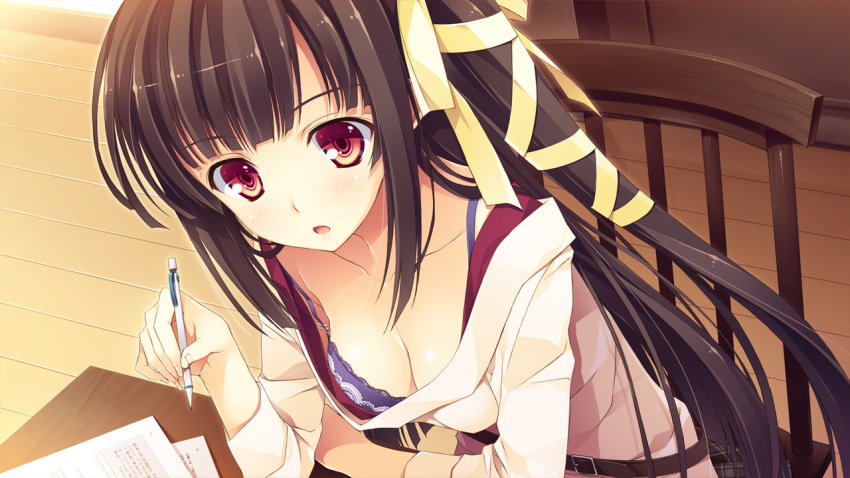 artist_request, black_hair, blush, bra, breasts, brown_hair, chair, character_request
