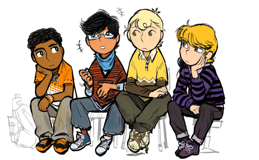 4boys, aged_up, black_hair, blonde_hair, brown_eyes, charlie_brown, dark-skinned_male, dark_skin