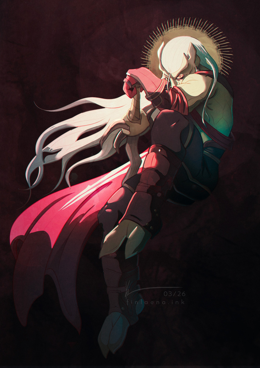 1boy, artist_name, black_background, black_pants, cape, claws, commentary, dated