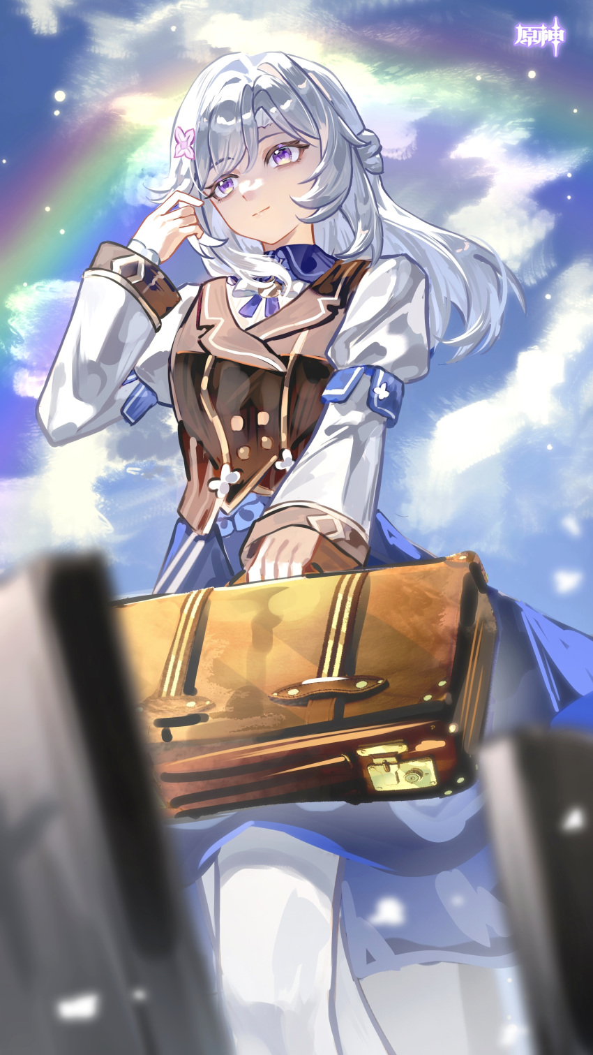 1girl, absurdres, blue_sky, blurry, chinese_commentary, closed_mouth, clouds, cloudy_sky