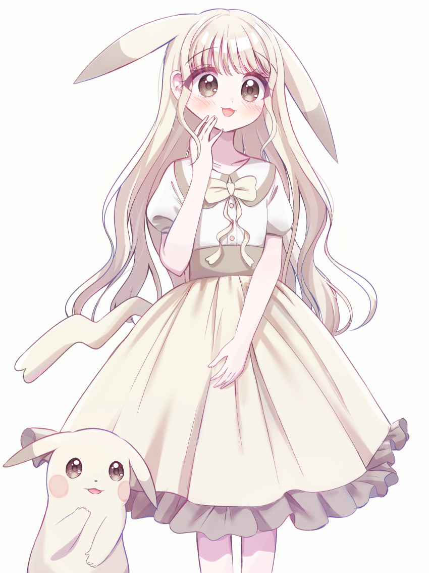 1girl, :d, absurdres, animal_ears, blonde_hair, blush, bow, bowtie, commentary_request, creature_and_personification, hand_up, haruiroha, highres, long_hair, open_mouth, peakychu, personification, pikachu, pikachu_ears, pikachu_tail, pikachu_tail_(female), pokemon, pokemon_(creature), pokemon_tail, shirt, short_sleeves, simple_background, skirt, smile, tail, white_background, white_shirt, yellow_bow, yellow_bowtie, yellow_skirt