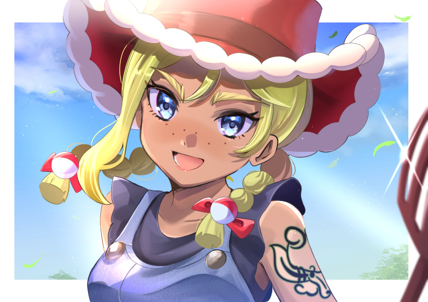 1girl, :d, absurdres, arm_tattoo, blonde_hair, blue_eyes, blurry, clouds
