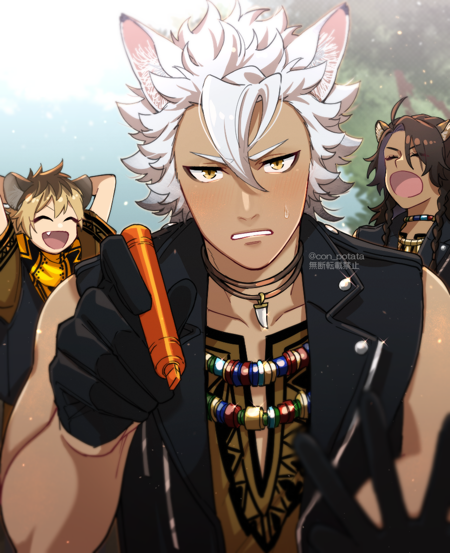 3boys, animal_ears, black_gloves, black_jacket, blush, character_name, commentary_request, con_potata