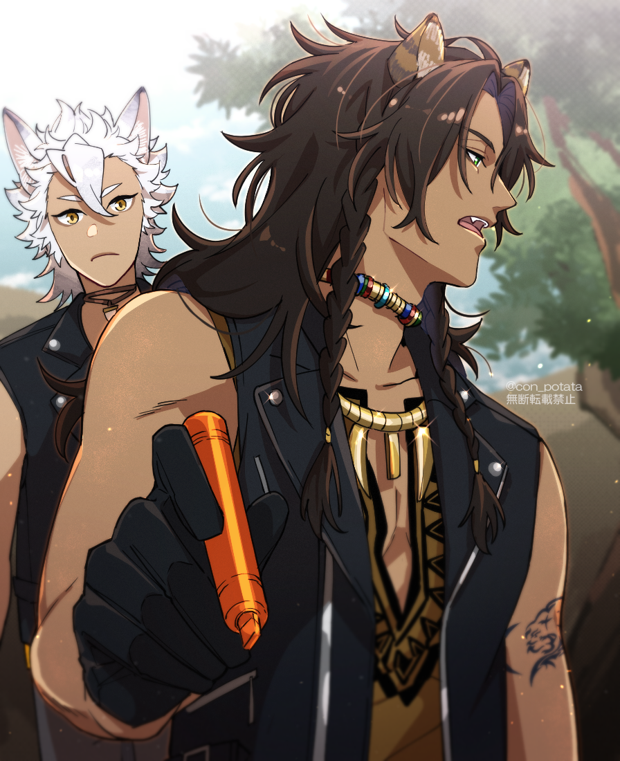 2boys, animal_ears, black_gloves, black_jacket, braid, brown_hair, commentary_request, con_potata