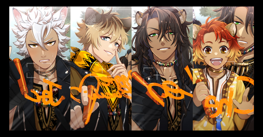 4boys, animal_ears, black_border, black_gloves, black_jacket, blonde_hair, blue_eyes, border