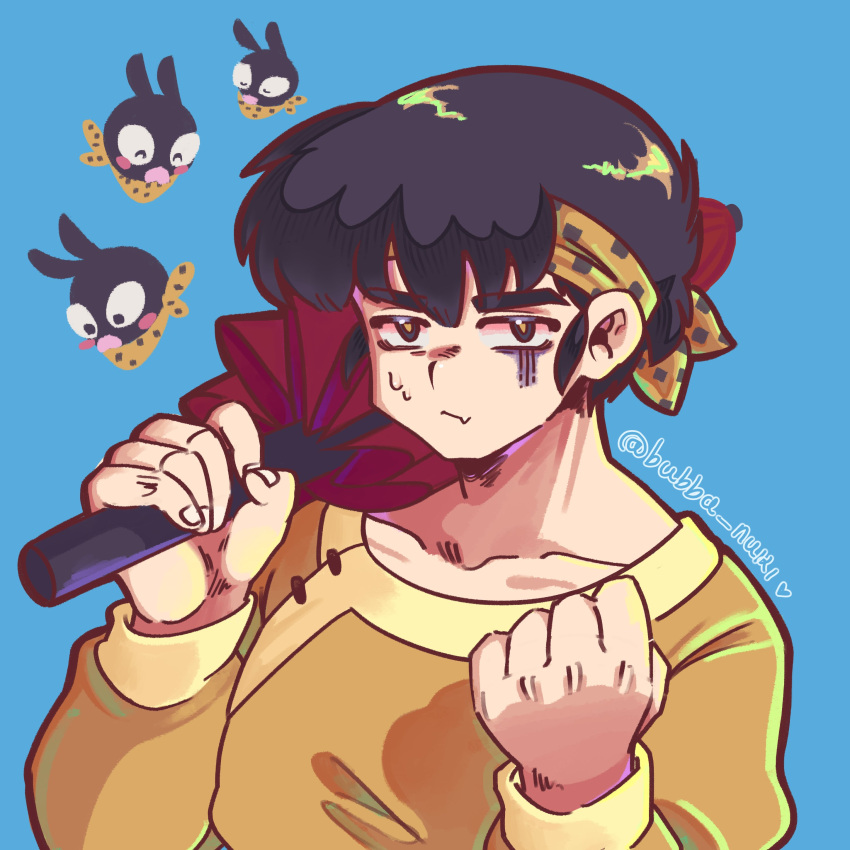 1boy, absurdres, bandana, black_eyes, black_hair, blue_background, bubba_nuki, clenched_hand