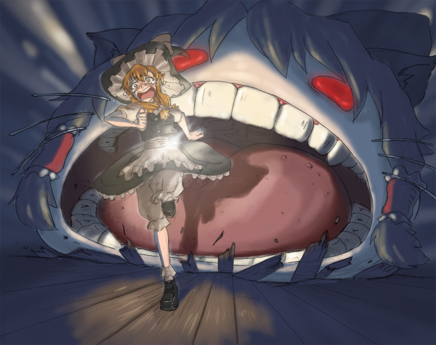 blonde_hair, bloomers, cat_ears, creepy, face, hakurei_reimu, hat, highres