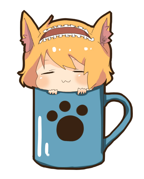 =_=, alice_margatroid, animal_ears, bad_id, blonde_hair, blush, cat_ears, cup, girl_in_container, hairband, in_container, in_cup, kemonomimi_mode, minigirl, mug, short_hair, simple_background, solo, tirisousu, touhou