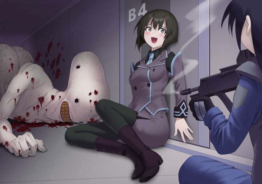 2girls, alien, azumanga_daioh, beta_(muv-luv), black_boots, black_hair, black_pantyhose, blood