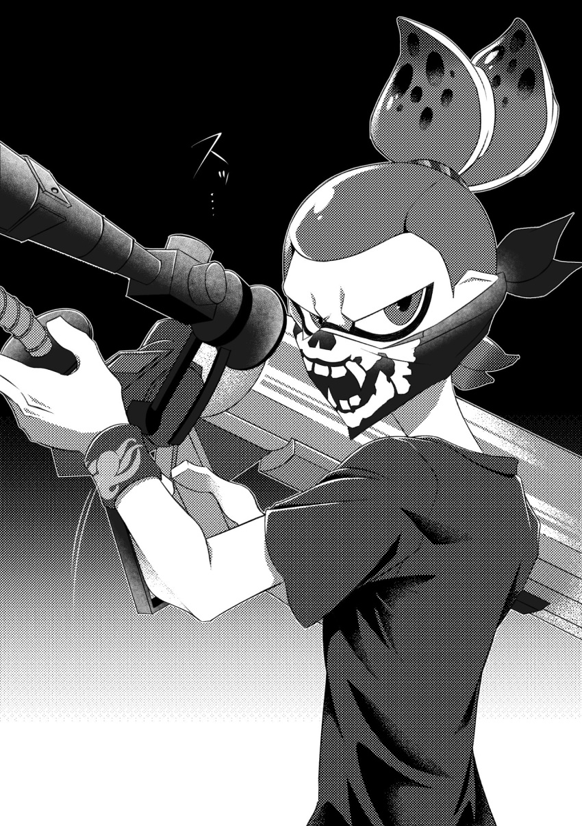 1boy, bandana, commentary_request, e-liter_3k_(splatoon), eye_mask, furrowed_brow, highres, holding