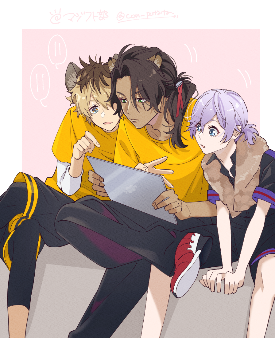 3boys, animal_ears, between_legs, blonde_hair, blue_eyes, brown_hair, commentary_request, con_potata, crossed_legs, dark-skinned_male, dark_skin, epel_felmier, figure_four_sitting, green_eyes, hand_between_legs, holding, holding_tablet_pc, hyena_boy, hyena_ears, leona_kingscholar, lion_boy, lion_ears, low_ponytail, male_focus, multiple_boys, night_raven_college_gym_uniform, pink_background, pointing, ponytail, purple_hair, ruggie_bucchi, scar, scar_across_eye, scar_on_face, shirt, short_ponytail, shorts, simple_background, sitting, spelldrive_club, tablet_pc, twisted_wonderland, yellow_shirt