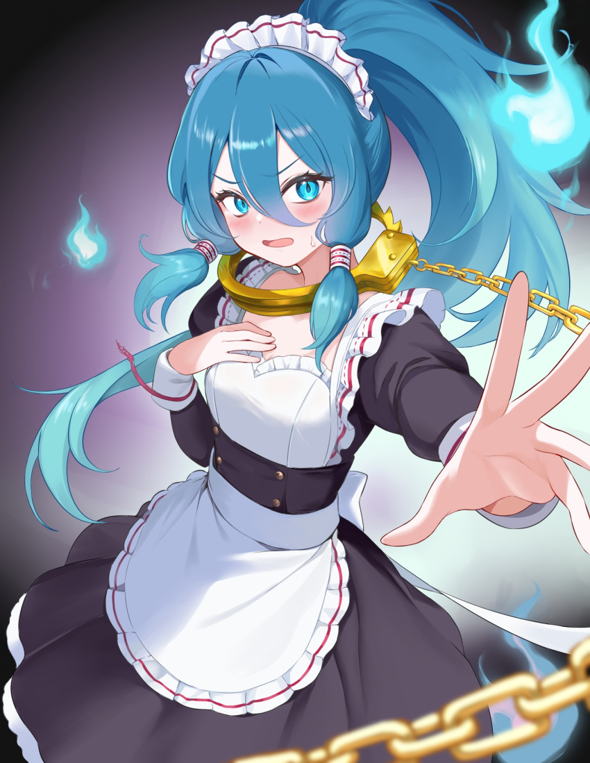 1girl, apron, beikeice, black_background, black_dress, blue_eyes, blue_hair, blush