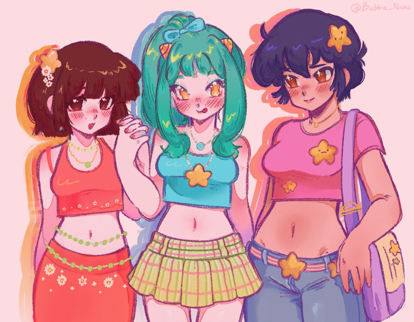 3girls, :d, :p, absurdres, belt, blue_bow, blue_eyeshadow, blue_hair, blue_pants, blue_shirt, blush, bow, brown_eyes, brown_hair, bubba_nuki, closed_mouth, commentary, cone_horns, denim, drop_shadow, eyeshadow, floral_print, floral_print_skirt, fujinami_ryuunosuke, green_hair, hair_bow, hair_ornament, highres, holding_hands, horns, jeans, jewelry, long_hair, lum, makeup, midriff, miyake_shinobu, multiple_girls, necklace, pants, pink_background, pink_shirt, plaid_clothes, plaid_skirt, ponytail, print_skirt, red_eyes, red_shirt, red_skirt, shirt, short_hair, skirt, small_horns, smile, split_mouth, star_(symbol), striped_belt, striped_horns, tongue, tongue_out, urusei_yatsura, yellow_eyes, yellow_horns