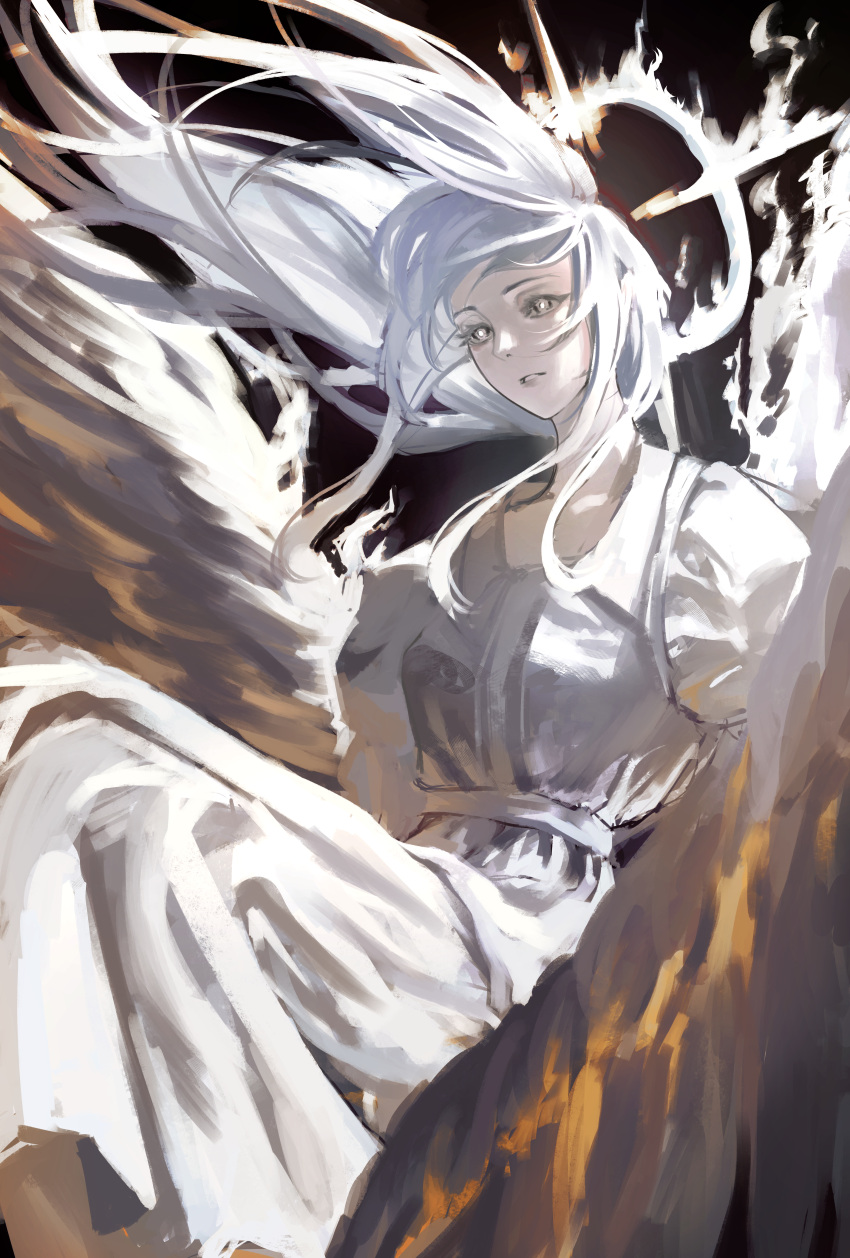 1girl, absurdres, burning, dress, feathered_wings, fire, grey_eyes, halo